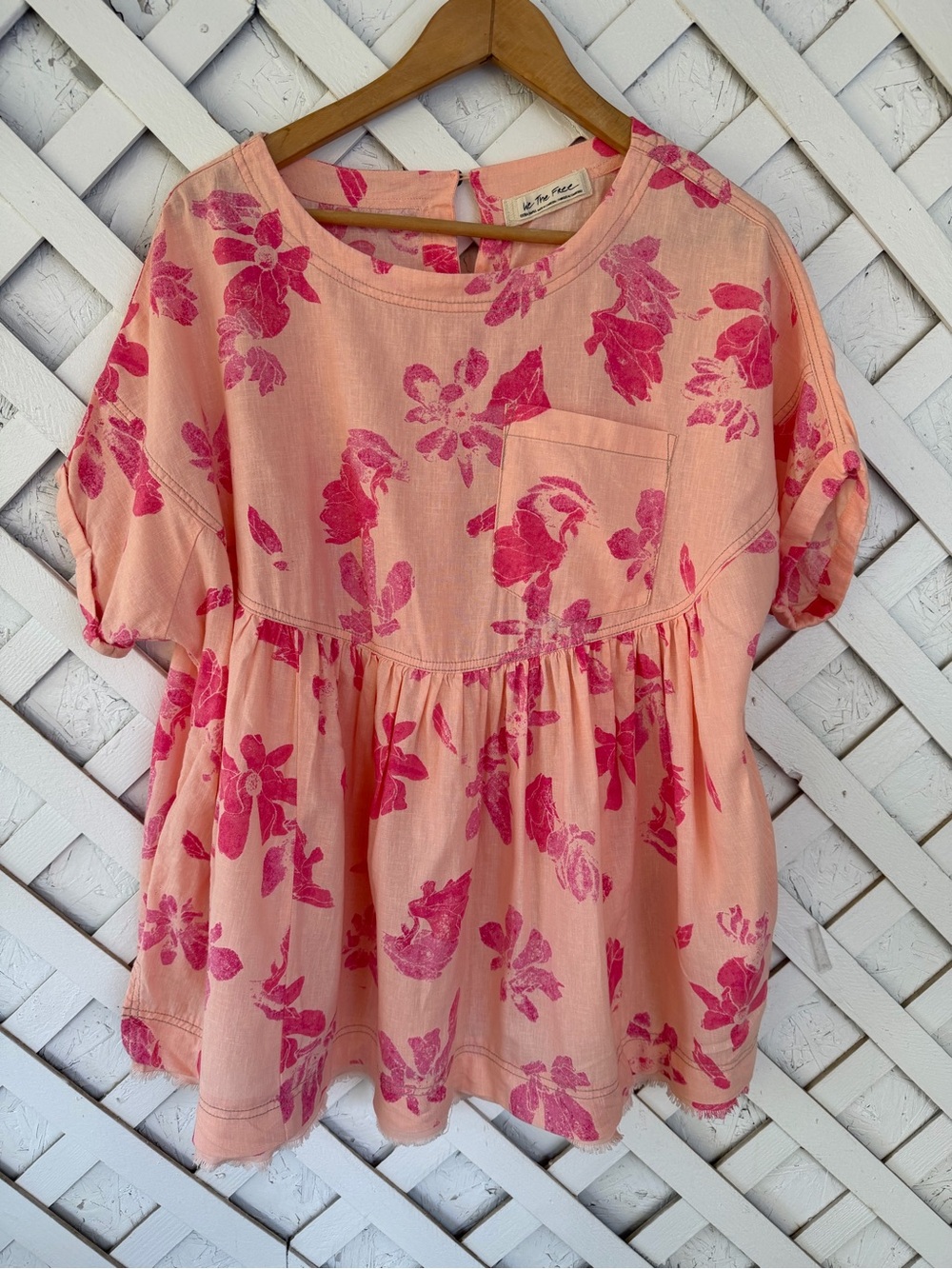 We The Free Moon City Pink Floral Top Oversized Boxy Linen Boho XSmall